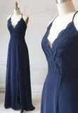 Blue Chiffon Lace Long Prom Dress, Blue A-Line Evening Dress HZ0429