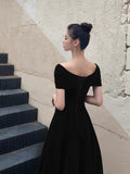 Black V-Neck Velvet Knee Length Prom Dress, Black Evening Party Dress HZ0429