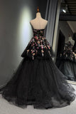 Black Tiered Tulle Ball Gown, A-Line Floral Embellished Evening Dress HZ0429