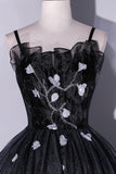 Black Tulle Long A-Line Evening Gown, Black Spaghetti Strap Evening Gown HZ0429