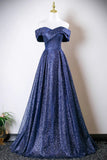 Blue Sequins Tulle Long Prom Dres, Elegant A-Line Off the Shoulder Party Dress HZ0429