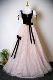 Black Velvet and Pink Tulle Long Prom Dress, Lovely A-Line Short Sleeve Evening Dress HZ0429