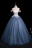 White Floral and Gray Tulle Long Prom Dress, Beautiful A-Line Party Dress HZ0429