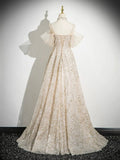 Champagne Tulle Sequins Floor Length Prom Dress, A-Line Spaghetti Strap Party Dress HZ0429
