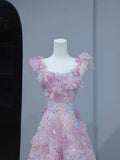 A-Line Purple Pink Tulle Flowers Long Prom Dress, Beautiful Evening Party Dress HZ0429