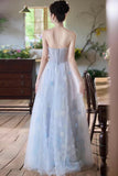 Blue Tulle Flowers Long Prom Dress, Blue A-Line Strapless Party Dress HZ0429
