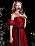 Burgundy Strapless Tulle Long Prom Dress, Burgundy A-Line Evening Party Dress HZ0429