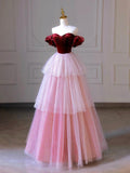 Burgundy Velvet and Layers Tulle Long Prom Dress, Off the Shoulder A-Line Evening Party Dress HZ0429