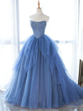 Blue Strapless Tulle Sequins Long Prom Dress, Beautiful A-Line Formal Party Dress HZ0429