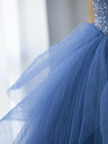 Blue Strapless Tulle Sequins Long Prom Dress, Beautiful A-Line Formal Party Dress HZ0429
