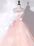 Pink Strapless Tulle Long Formal Dress, Pink A-line Prom Dress with Feathers HZ0429