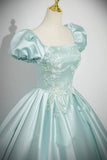 Lovely Satin Lace Long Prom Dress, Ice Blue A-Line Short Sleeve Evening Party Dress HZ0429