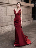 Burgundy V-Neck Satin Long Prom Dress, Elegant Backless Evening Party Dress HZ0429