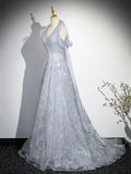 Elegant V-Neck Tulle Sequins Long Prom Dress, Gray A-Line Backless Party Dress HZ0429