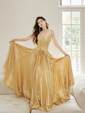 Unique Spaghetti Straps Satin Long Prom Dress, Gold V-Neck Backless Evening Party Dress HZ0429