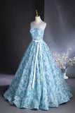 Blue Rose Flower Long Prom Dress, Blue A-Line Evening Party Dress HZ0429
