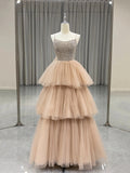 Beautiful Tulle Layers Long Party Dress with Beaded, A-Line Beige Spaghetti Strap Evening Dress HZ0429