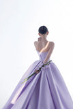Lilac Satin Beads Long Prom Dress, Beautiful A-Line Strapless Party Dress HZ0429
