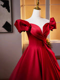 Dark Red Satin Long Prom Dress, Off the Shoulder A-Line Formal Evening Dress HZ0429
