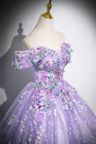 Purple Floral Tulle Long Prom Dress, Lovely A-Line Off the Shoulder Party Dress HZ0429