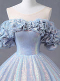 Blue Tulle Sequins Long Formal Dress, Off the Shoulder Princess Dress Sweet 16 Dress HZ0429