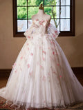 A-Line Tulle Floral Floor Length Prom Dress, Off the Shoulder Formal Party Dress HZ0429