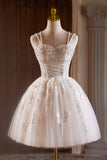 A-Line Tulle Beaded Short Prom Dress, Light Champagne Spaghetti Strap Party Dress HZ0429