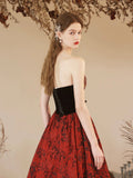 Burgundy Satin Sequins Long Prom Dress, Elegant A-Line Strapless Formal Party Dress HZ0429