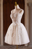 A-Line Tulle Beaded Short Prom Dress, Light Champagne Spaghetti Strap Party Dress HZ0429