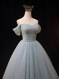 Dusty Blue Tulle Beaded Long Prom Dress, Off the Shoulder A-Line Evening Party Dress HZ0429