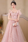 Beautiful Tulle Flowers Floor Length Prom Dress, Pink/White A-Line Evening Party Dress HZ0429