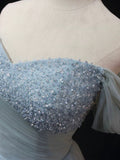 Dusty Blue Tulle Beaded Long Prom Dress, Off the Shoulder A-Line Evening Party Dress HZ0429
