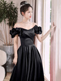 Black Satin Long A-Line Prom Dress, Black Off the Shoulder Formal Evening Dress HZ0429
