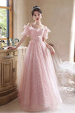 Beautiful Tulle Flowers Floor Length Prom Dress, Pink/White A-Line Evening Party Dress HZ0429