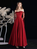 Burgundy Satin Long Prom Dress, Beautiful A-Line Off the Shoulder Evening Party Dress HZ0429