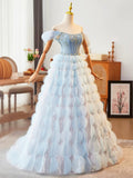 Blue Beading Rhinestone Ruffles Prom Dress, Blue Off the Shoulder Evening Formal Dress HZ0429