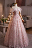 Pink Flower Fairy Tulle Long Prom Dress, Beautiful Off the Shoulder Party Dress HZ0429
