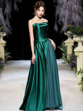 Dark Green Satin Long Prom Dress, Beautiful A-Line Strapless Evening Party Dress HZ0429