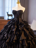 Beautiful Black Cascading Ruffles Prom Dress, Black Strapless Long Formal Dress HZ0429
