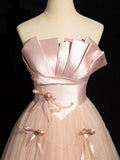 Pink Strapless Satin Tulle Long Prom Dress with Bow, Beautiful A-Line Formal Party Dress HZ0429