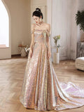 Beautiful Sparkly Sequins Long Prom Dress, Champagne Off Shoulder Evening Dress HZ0429