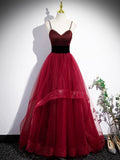 Burgundy Spaghetti Strap Tulle Long Corset Prom Dress, A-Line Evening Party Dress HZ0429