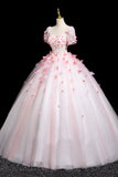 Pink Fairy Tulle and Flowers Long Prom Dress, Beautiful Short Sleeve Party Dress HZ0429