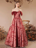 Beautiful Burgundy Sequins Printing Floor Length Prom Dress, Off the Shoulder Evening Party Dress HZ0429