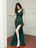 Green Sequins Floor Length Prom Dress, V-Neck Evening Party Dress HZ0429