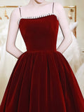 Burgundy Spaghetti Strap Velvet Tea Length Prom Dress with with Pearls HZ0429