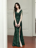 Green Sequins Floor Length Prom Dress, V-Neck Evening Party Dress HZ0429