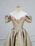 Gold Satin V-Neck Long Prom Dress with Flowers, Off the Shoulder A-Line Formal Dress HZ0429