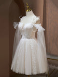 Lovely A-Line Tulle Lace Knee Length Prom Dress, Ivory Off the Shoulder Party Dress HZ0429