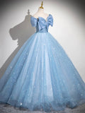 Light Blue Tulle Sequins Long Prom Dress, Lovely A-Line Evening Party Dress HZ0429